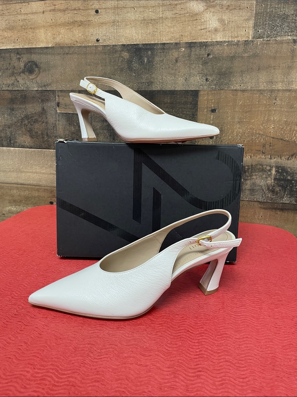 Naturalizer White Pointed Slingback Pumps with Gold Buckle